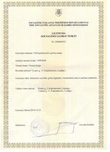 Institucinė socialinė globa (ilgalaikė, trumpalaikė) senyvo amžiaus asmenims, išduota 2014-12-15, Nr.L000000525.